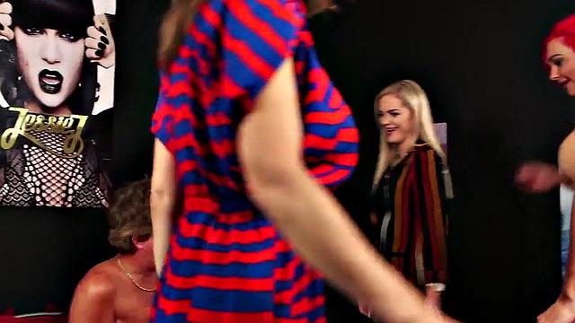 Slutty CFNM bitches stroke nice cock while talking dirty