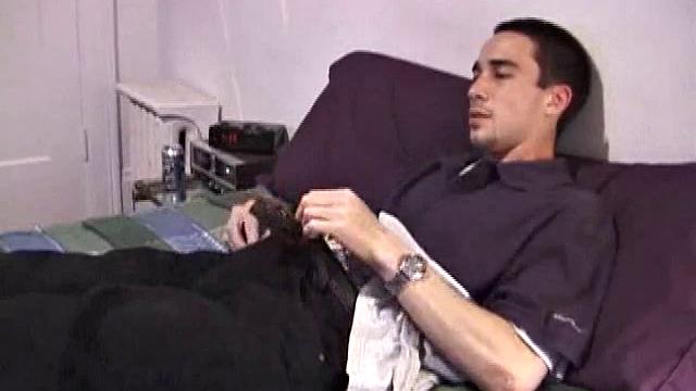 Young amateur Mario pulls down his pants, spies the porn video, works out his cock, and delivers a sexy cum load for our enjoyment