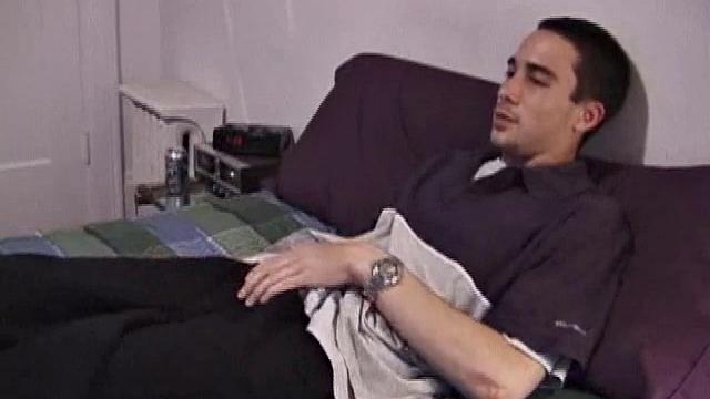 Young amateur Mario pulls down his pants, spies the porn video, works out his cock, and delivers a sexy cum load for our enjoyment