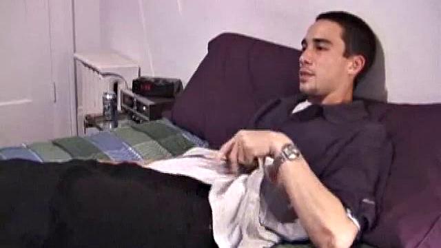 Young amateur Mario pulls down his pants, spies the porn video, works out his cock, and delivers a sexy cum load for our enjoyment