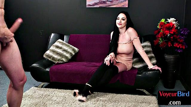 British CFNM voyeur babe watches guy jerk cock on her