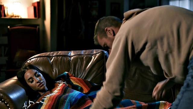 Busty hairy babe fucked in missionary by big white dick