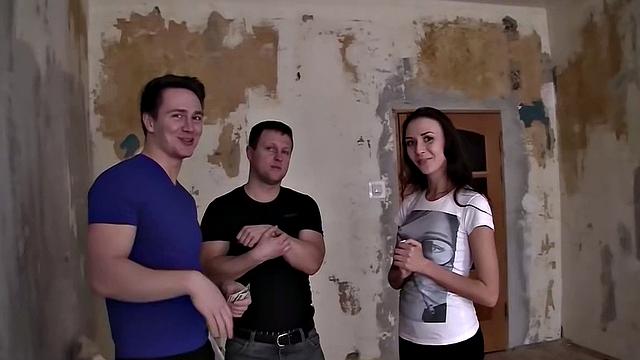 Cute brunette girl gets boned by two chaps