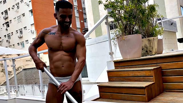 hard-bodied pool boy seduces his client with intense gay action by the water