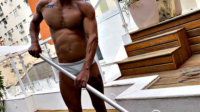 hard-bodied pool boy seduces his client with intense gay action by the water