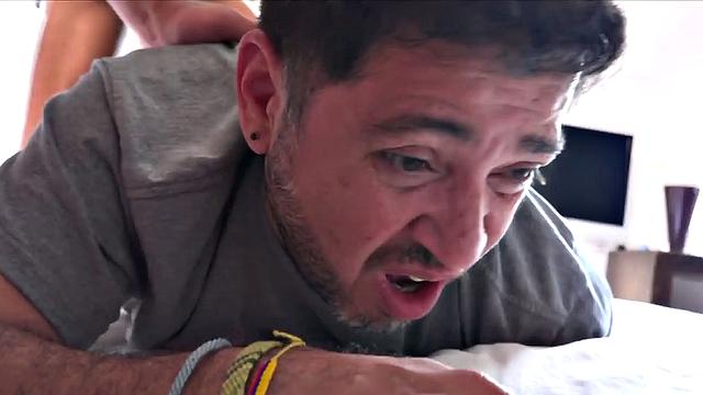 With daddy Ferdinand on his knees, and blindfolded, slim Aiden and Giorgio strip off their underwear and stick their hard cocks in the man's face.