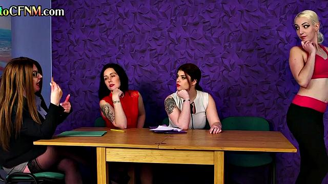 CFNM ladies deepthroat lucky cock in group action