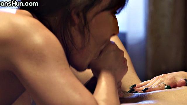 Busty TS hunny licks and fucks private masseuse