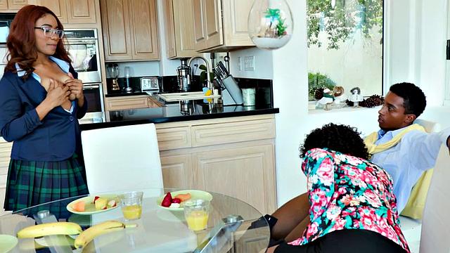 Stepmom with big boobs and bushy pussy goes wild with stepson in wild threesome