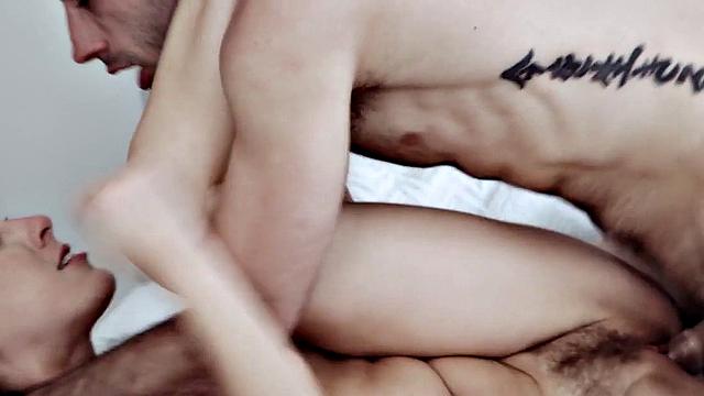 Tattooed teen with small tits gets her hairy pussy pounded while kissing and riding doggystyle