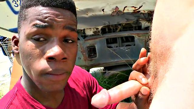 Watch this interracial stud deepthroat and pound Black bottom outdoor