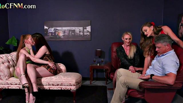 CFNM dirtytalking babes deepthroat and stroke old guys cock