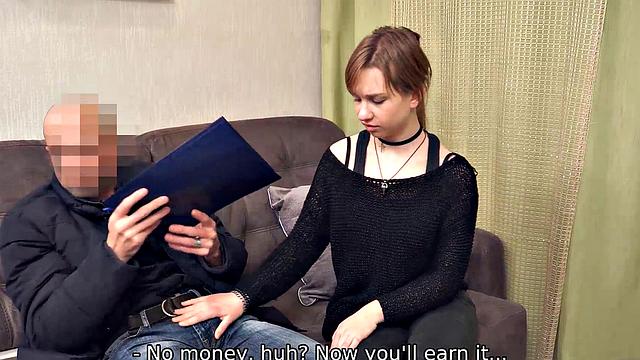 DEBT4k. Man comes to the Russian debtor and drills shaved pussy