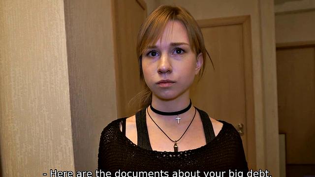 DEBT4k. Man comes to the Russian debtor and drills shaved pussy