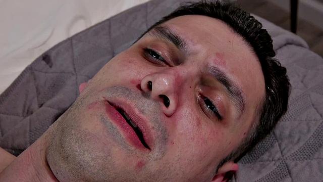 Busty tattooed tranny strokes and spanks male dick