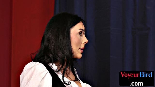 Huge-titted voyeur strips and tempts guys