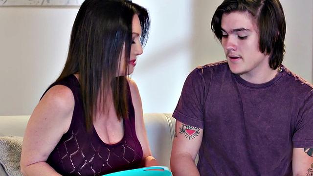 A tattooed MILF gag on a big white cock and get her hairy pussy filled up