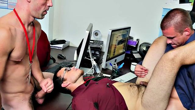 Hairy ass boss enjoys wild office threesome with glasses wearing studs