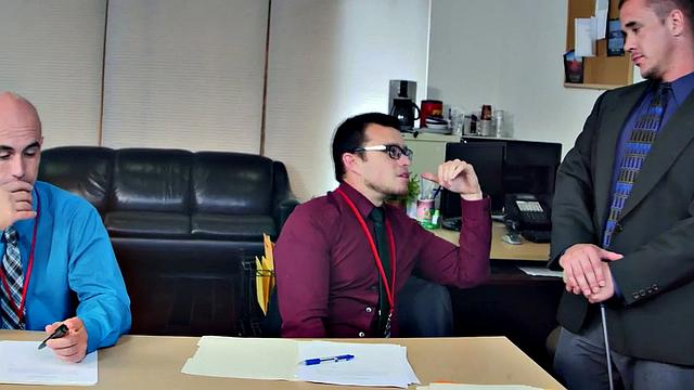 Hairy ass boss enjoys wild office threesome with glasses wearing studs