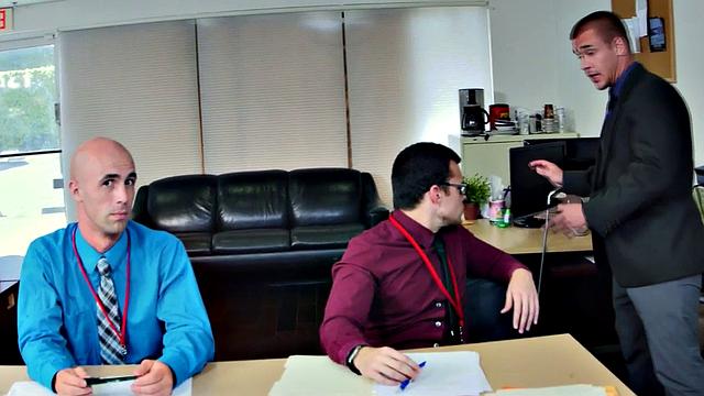 Hairy ass boss enjoys wild office threesome with glasses wearing studs