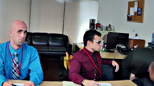 Hairy ass boss enjoys wild office threesome with glasses wearing studs