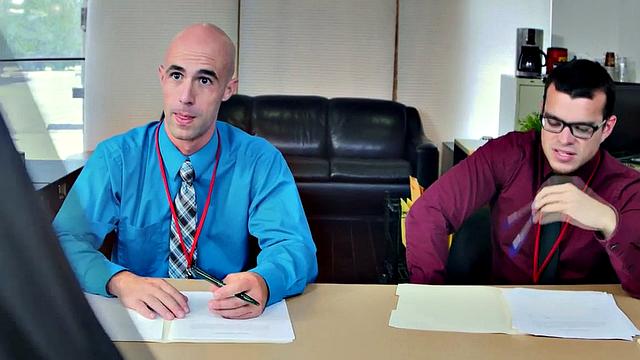 Hairy ass boss enjoys wild office threesome with glasses wearing studs