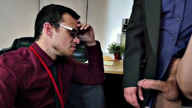 Hairy ass boss enjoys wild office threesome with glasses wearing studs