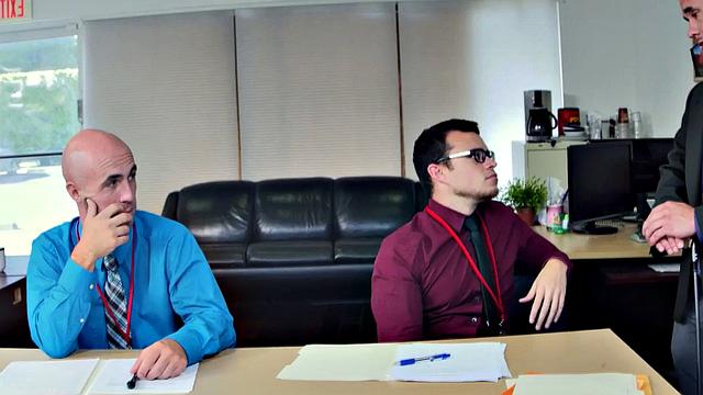 Hairy ass boss enjoys wild office threesome with glasses wearing studs