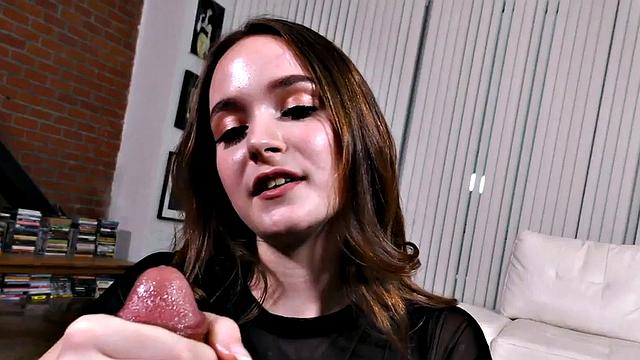 Real amateur babe wanks POV rod with oiled hands