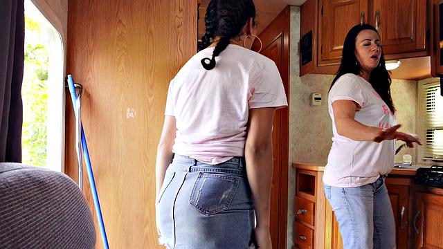 Latina with pigtails titfucks and sucks in family road trip