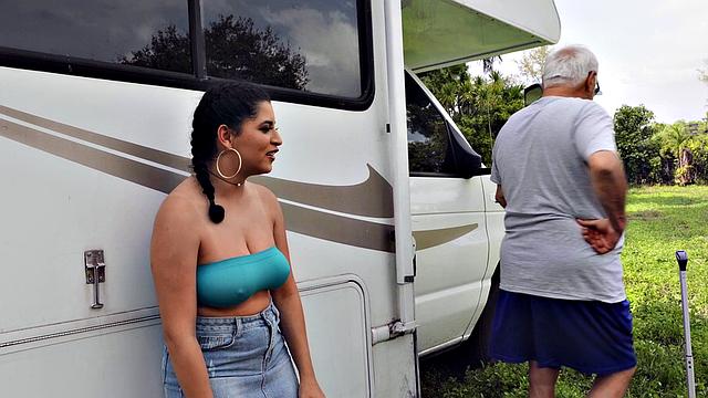 Latina with pigtails titfucks and sucks in family road trip