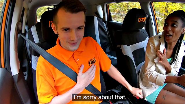 Real ebony driving student plowed