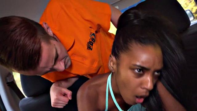 Real ebony driving student plowed
