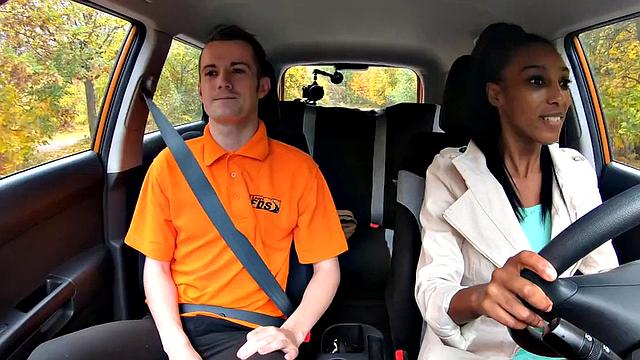 Real ebony driving student plowed