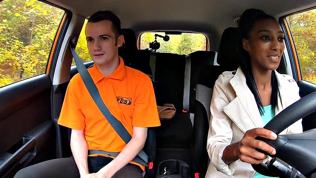 Real ebony driving student plowed