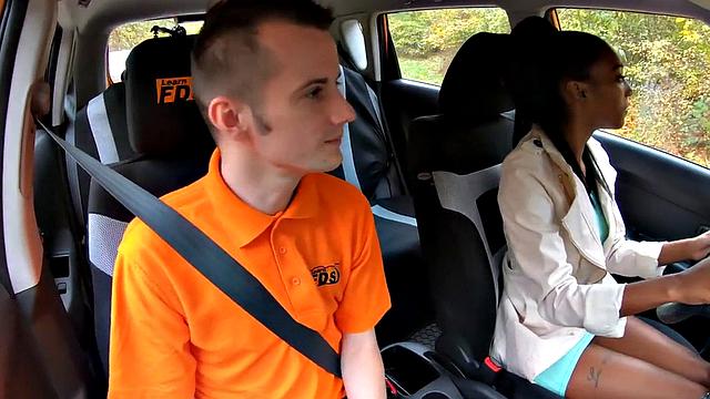 Real ebony driving student plowed