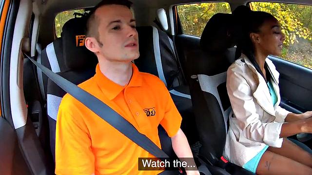 Real ebony driving student plowed