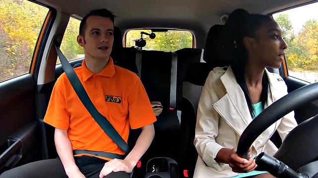 Real ebony driving student plowed