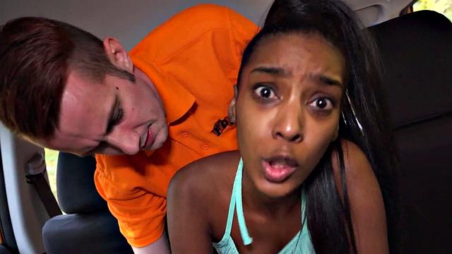 Real ebony driving student plowed