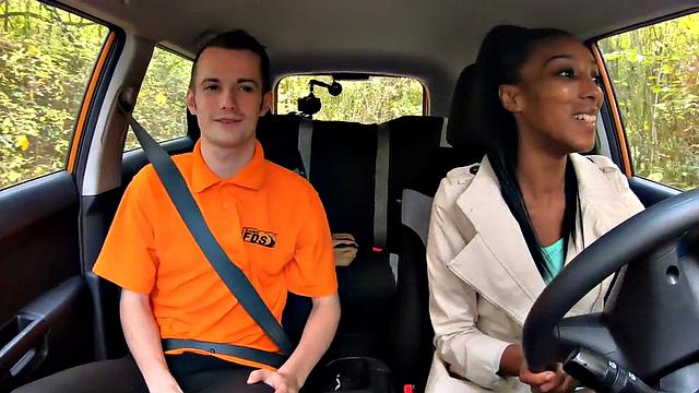 Real ebony driving student plowed