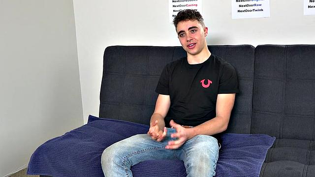 Amateur twink jerks on casting in solo action