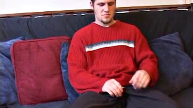 Straight Alex West is turned on by the porn that's playing and quickly gets a stiff one. As he strokes his cock, Alex stuffs his butt with a dildo and busts a load onto his belly.