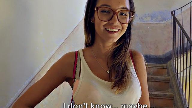 Big tit nerdy babe pulled into riding big dick in public