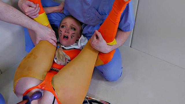 Blonde babe takes it in the ass like a champ in cosplay threesome