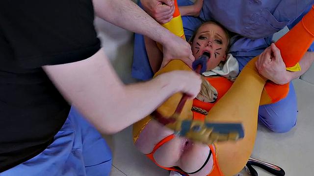 Blonde babe takes it in the ass like a champ in cosplay threesome