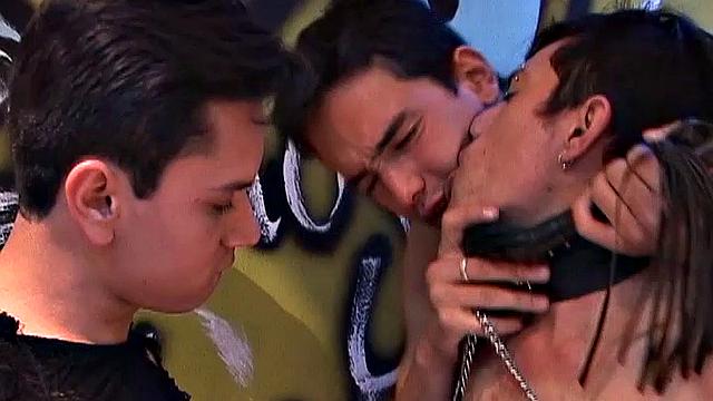 Surrounded by graffiti, Latin trio gets together for some fun, and Tito is the center of attention. Soon Walter and Deivi have him on his knees sucking their dicks and licking shoe leather.