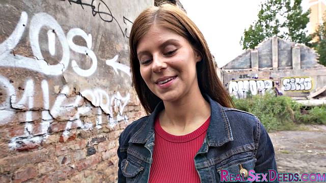 Pulled redhead babe doggypounded outdoors