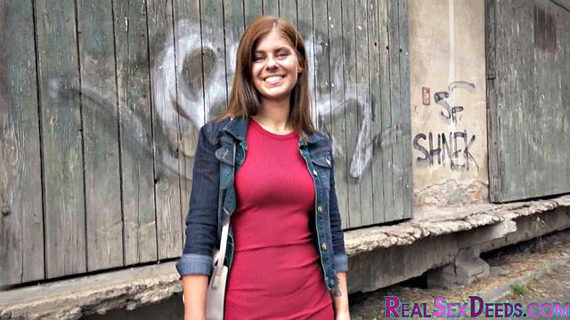 Pulled redhead babe doggypounded outdoors