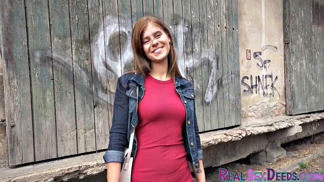 Pulled redhead babe doggypounded outdoors