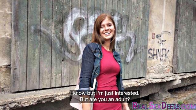 Pulled redhead babe doggypounded outdoors